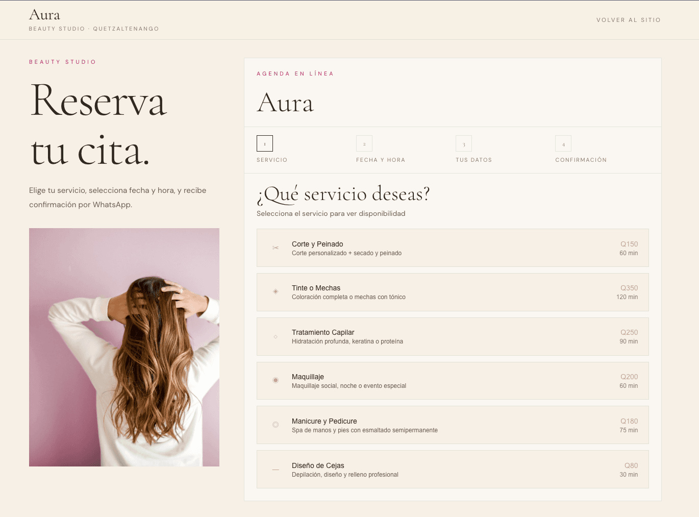 Captura real del flujo de reserva de Aura Beauty Studio